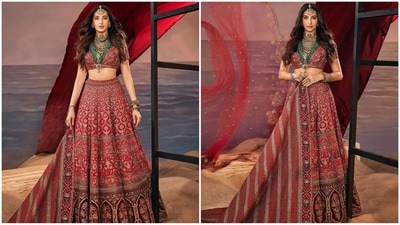 Nora's red lehenga from JJ Valaya serves serious bridal fashion goals. It features a deep V-neck blouse adorned with intricate golden hand embroidery. She paired it with a matching flared skirt and a dupatta with heavy borders. (Instagram/@norafatehi) Nora's red lehenga from JJ Valaya serves serious bridal fashion goals. It features a deep V-neck blouse adorned with intricate golden hand embroidery. She paired it with a matching flared skirt and a dupatta with heavy borders. (Instagram/@norafatehi)