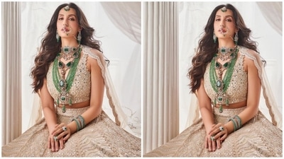 Her glamorous makeup look features nude eyeshadow, mascara-coated lashes, defined brows, blushed cheeks, a glowing highlighter, and a shade of nude lipstick. (Instagram/@norafatehi) Her glamorous makeup look features nude eyeshadow, mascara-coated lashes, defined brows, blushed cheeks, a glowing highlighter, and a shade of nude lipstick. (Instagram/@norafatehi)