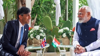 Prime Minister Narendra Modi meets with United Kingdom PM Rishi Sunak on the sidelines of the 50th G7 Summit, in Apulia on Friday. (ANI) Prime Minister Narendra Modi meets with United Kingdom PM Rishi Sunak on the sidelines of the 50th G7 Summit, in Apulia on Friday. (ANI)