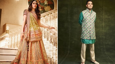 The image shows Akash Ambani in a Kunal Rawal creation and Shloka Mehta in a Tarun Tahiliani lehenga. (Instagram/@kunalrawalofficial, @dmjatia) The image shows Akash Ambani in a Kunal Rawal creation and Shloka Mehta in a Tarun Tahiliani lehenga. (Instagram/@kunalrawalofficial, @dmjatia)