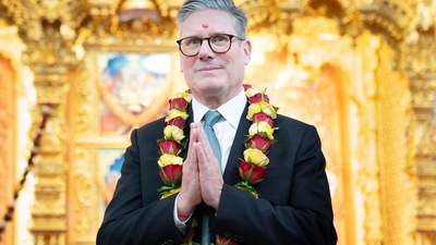 Labour Party leader Sir Keir Starmer during a visit to the Shree Swaminarayan Mandir Hindu temple in Kingsbury, London (AP) (AP) Labour Party leader Sir Keir Starmer during a visit to the Shree Swaminarayan Mandir Hindu temple in Kingsbury, London (AP) (AP)