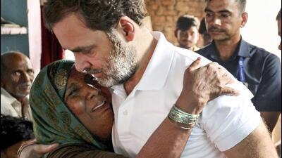 Congress leader Rahul Gandhi meeting kin of Hathras stampede victims. (PTI) Congress leader Rahul Gandhi meeting kin of Hathras stampede victims. (PTI)