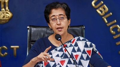 Delhi Minister and AAP leader Atishi addresses a press conference regarding flood control in the national capital during the monsoon season in New Delhi on Friday. (PTI) Delhi Minister and AAP leader Atishi addresses a press conference regarding flood control in the national capital during the monsoon season in New Delhi on Friday. (PTI)