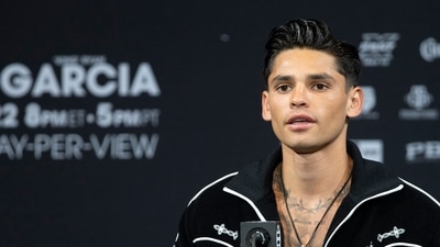 FILE - Super lightweight boxer Ryan Garcia speaks during a news conference at the MGM Grand hotel-casino Thursday, April 20, 2023, in Las Vegas. Ryan Garcia was expelled by the World Boxing Council on Thursday after he repeatedly used racial slurs against Black people and disparaged Muslims in comments livestreamed on social media. (AP/Steve Marcus/Las Vegas Sun) FILE - Super lightweight boxer Ryan Garcia speaks during a news conference at the MGM Grand hotel-casino Thursday, April 20, 2023, in Las Vegas. Ryan Garcia was expelled by the World Boxing Council on Thursday after he repeatedly used racial slurs against Black people and disparaged Muslims in comments livestreamed on social media. (AP/Steve Marcus/Las Vegas Sun)