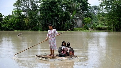 . Chief Minister Sarma has claimed that the Assam flood situation has improved and water is receding, while the SDRF also begins rescues in Hailakandi district (Photo by Biju BORO / AFP) (AFP) . Chief Minister Sarma has claimed that the Assam flood situation has improved and water is receding, while the SDRF also begins rescues in Hailakandi district (Photo by Biju BORO / AFP) (AFP)