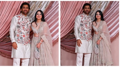 Anant Ambani, Radhika Merchant sangeet: MS Dhoni with Sakshi Dhoni at the sangeet. Anant Ambani, Radhika Merchant sangeet: MS Dhoni with Sakshi Dhoni at the sangeet.