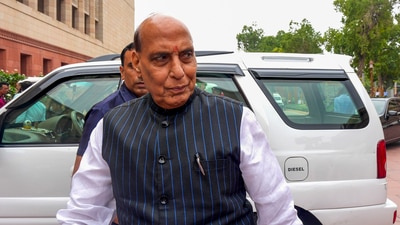Defence minister Rajnath Singh arrives at the Parliament House complex during the first session of the 18th Lok Sabha. (PTI) Defence minister Rajnath Singh arrives at the Parliament House complex during the first session of the 18th Lok Sabha. (PTI)