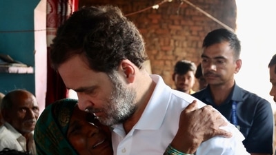 Rahul Gandhi meeting with a family member of a Hathras stampede victim. Rahul Gandhi meeting with a family member of a Hathras stampede victim.