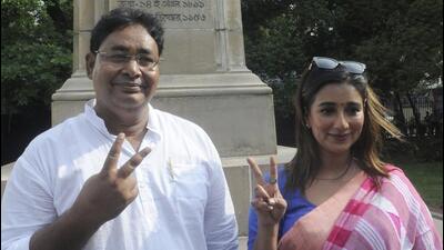 Rayat Hossain Sarkar and Sayantika Banerjee after taking oath of office at West Bengal Assembly on July 5 (HT Photo) Rayat Hossain Sarkar and Sayantika Banerjee after taking oath of office at West Bengal Assembly on July 5 (HT Photo)