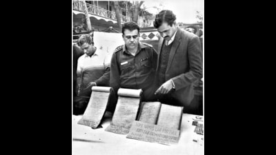 The original FIR in the Nagarwala bank cheating case of 1971 on display at an exhibition on Delhi Police Day at the Parliament street police station in New Delhi on 16 February 1991. (HT Photo) The original FIR in the Nagarwala bank cheating case of 1971 on display at an exhibition on Delhi Police Day at the Parliament street police station in New Delhi on 16 February 1991. (HT Photo)