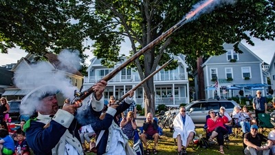 Colonial reenactors fire their guns during the Fishtown Horribles Parade, ahead of Independence Day, in Gloucester, Massachusetts, on July 3, 2024. The parade is part of the city's July 4th celebrations. (AFP/Joseph Prezioso) Colonial reenactors fire their guns during the Fishtown Horribles Parade, ahead of Independence Day, in Gloucester, Massachusetts, on July 3, 2024. The parade is part of the city's July 4th celebrations. (AFP/Joseph Prezioso)