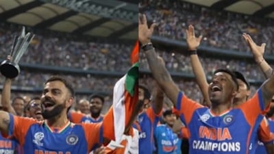 Virat Kohli, Hardik Pandya and team India sing Vande Mataram at the Wankhede Stadium in Mumbai (BCCI) Virat Kohli, Hardik Pandya and team India sing Vande Mataram at the Wankhede Stadium in Mumbai (BCCI)
