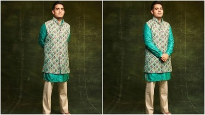 Akash Ambani wore a an all custom Aqua Patola bundi by Kunal Rawal. His outfit comes embroidered with French knots in resham, and zardosi threads with mirror detailing, worn with turq braille knots kurta and ivory slim breech pants. (Instagram) Akash Ambani wore a an all custom Aqua Patola bundi by Kunal Rawal. His outfit comes embroidered with French knots in resham, and zardosi threads with mirror detailing, worn with turq braille knots kurta and ivory slim breech pants. (Instagram)