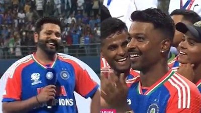 Rohit Sharma during the T20 World Cup felicitation in Mumbai Rohit Sharma during the T20 World Cup felicitation in Mumbai