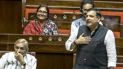 AAP MP Sanjay Singh speaks in the Rajya Sabha during the ongoing Parliament session, in New Delhi on Monday. (Sansad TV) AAP MP Sanjay Singh speaks in the Rajya Sabha during the ongoing Parliament session, in New Delhi on Monday. (Sansad TV)