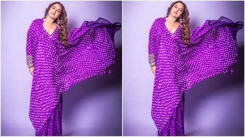 Sonakshi's outfit comes in an enchanting shade of purple and features a v-neck kaftan adorned with a trendy Bandhani print all over. (Instagram/@aslisona)