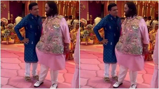 Anant Ambani chose a pastel pink kurta, pairing it with a trendy waistcoat adorned with intricate floral embellishments. He completed the look with white pajamas and quirky shoes, giving off a super trendy vibe.(Instagram)
