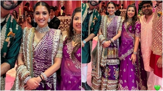 Radhika Merchant mesmerises in a royal purple lehenga at the Dandiya night. Her stunning attire features a seedha pallu saree adorned with hand embroidery and intricate Lord Krishna motifs, exuding elegance.(Instagram/@ambani_update)