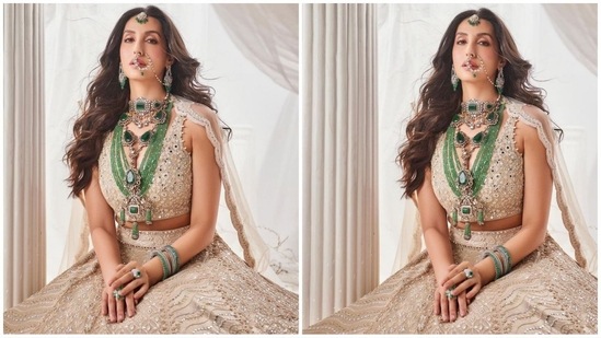 Her glamorous makeup look features nude eyeshadow, mascara-coated lashes, defined brows, blushed cheeks, a glowing highlighter, and a shade of nude lipstick.(Instagram/@norafatehi)