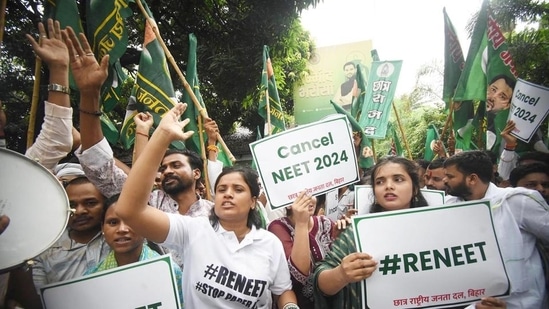 A protest in Patna, over alleged NEET irregularities. (HT)