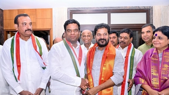 Bharat Rashtra Samiti MLCs including Dande Vittal, Bhanu Prasad and others join the Congress in the presence of Telangana CM Revanth Reddy, in Hyderabad on Thursday. (ANI)