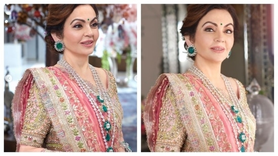 Nita Ambani wore a custom Manish Malhotra lehenga to the dandiya night ahead of her son Anant Ambani's wedding. The pastel vibe of the outfit, paired with emerald jewellery and a matching bindi, makes her look majestic. The intricate zardosi embroidery work on her lehenga is a testament to Indian craftsmanship.