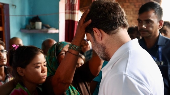 Congress leader Rahul Gandhi meeting families of the victims of Hathras stampede