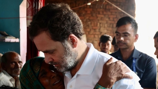 Rahul Gandhi meeting with a family member of a Hathras stampede victim. 