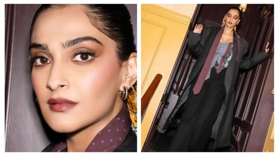 Sonam Kapoor is wearing Moschino's Fall 2024 collection, making formal wear more fun and fashionable. With a unique fusion of a tailored oversized blazer, baggy pants, and casual scarves, she has slayed the power dressing game.