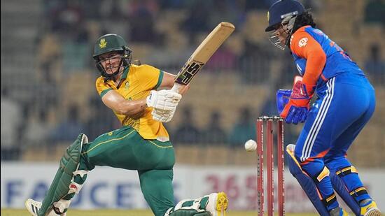 Latest news on July 5, 2024: South African batter Tazmin Brits plays a shot during the first women's T20I against India in Chennai on Friday. (PTI)