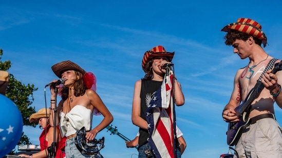 A band performs during the Fishtown Horribles Parade ahead of Independence Day in Gloucester, Massachusetts, on July 3, 2024. The parade is part of the city's July 4th celebrations.&nbsp;(AFP/Joseph Prezioso)