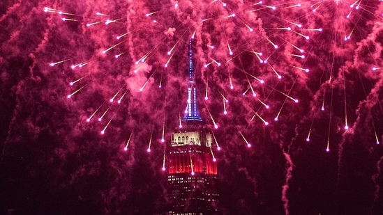 The Macy's 4th of July Firework Show is seen over the Empire State Building as it is seen from Hoboken, New Jersey, U.S., July 4, 2024.&nbsp;(REUTERS)