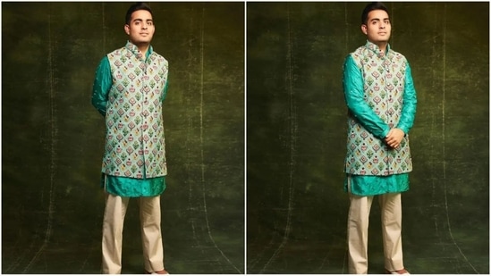 Akash Ambani wore a an all custom Aqua Patola bundi by Kunal Rawal. His outfit comes embroidered with French knots in resham, and zardosi threads with mirror detailing, worn with turq braille knots kurta and ivory slim breech pants.(Instagram)