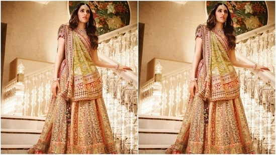Shloka Mehta turned heads in an exquisite Tarun Tahiliani lehenga featuring a sweetheart neckline bejewelled blouse, a heavily embroidered lehenga, and a contrasting dupatta, completing her glam Garba look.(Instagram)