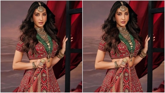 Assisted by makeup artist Yashaswini Gupta, Nora was decked out in nude eyeshadow, smudged eyeliner, mascara-coated lashes, defined brows, blushed cheeks, luminous highlighter, and a shade of peach lipstick.(Instagram/@norafatehi)