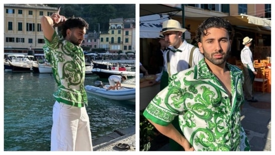 Orhan Awatramani, a.k.a. Orry, the Gen Z icon, is looking fabulous in this casual fit. The green top with a whimsical swirling pattern and airy white pants create a perfect vacay look.