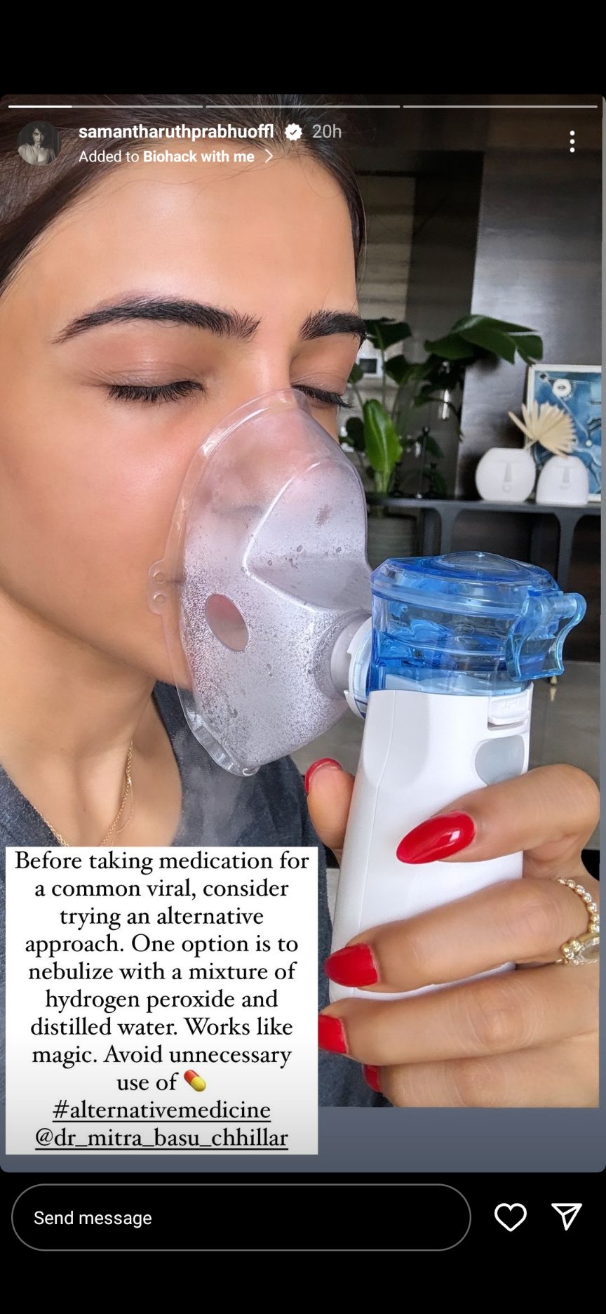 Samantha Ruth Prabhu suggests hydrogen peroxide nebulisation as an option to treat common viral infections (Instagram)