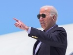President Joe Biden points as he arrives on Air Force One at Dane County Regional Airport to attend a campaign rally in Madison, Wis., Friday, July 5, 2024. (AP Photo/Manuel Balce Ceneta)