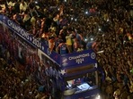 Fans crowd around a bus as the Indian cricket team members take part in a parade to celebrate winning the ICC men's T20 World Cup, in Mumbai, India, July 4, 2024. REUTERS/Hemanshi Kamani (REUTERS)(HT_PRINT) Fans crowd around a bus as the Indian cricket team members take part in a parade to celebrate winning the ICC men's T20 World Cup, in Mumbai, India, July 4, 2024. REUTERS/Hemanshi Kamani (REUTERS)(HT_PRINT)
