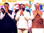 Maharashtra chief minister Eknath Shinde and deputy chief ministers Devendra Fadnavis and Ajit Pawar during Mahayuti workers meeting, in Mumbai. Maharashtra chief minister Eknath Shinde and deputy chief ministers Devendra Fadnavis and Ajit Pawar during Mahayuti workers meeting, in Mumbai.