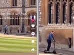 Prince William enters Windsor Castle on an electric scooter. Prince William enters Windsor Castle on an electric scooter.