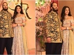 Anant Ambani-Radhika Merchant's sangeet: His ensemble features real gold and her lehenga has Swarovski crystals.(HT Photo/Varinder Chawla) Anant Ambani-Radhika Merchant's sangeet: His ensemble features real gold and her lehenga has Swarovski crystals.(HT Photo/Varinder Chawla)
