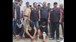 The three accused in the murder of an ASI in Karnal in STF custody on Saturday. (HT Photo) The three accused in the murder of an ASI in Karnal in STF custody on Saturday. (HT Photo)