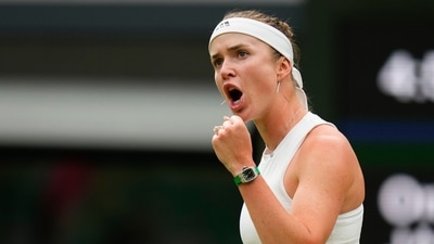 Elina Svitolina Ukraine reacts after win ng a point against Ons Jabeur of Tunisia during their third round match at the Wimbledon tennis championships in London, Saturday, July 6, 2024. (AP Photo/Kirsty Wigglesworth) (AP) Elina Svitolina Ukraine reacts after win ng a point against Ons Jabeur of Tunisia during their third round match at the Wimbledon tennis championships in London, Saturday, July 6, 2024. (AP Photo/Kirsty Wigglesworth) (AP)