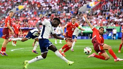 England's forward #07 Bukayo Saka shoots but fails to score during the UEFA Euro 2024 quarter-final football match between England and Switzerland at the Duesseldorf Arena in Duesseldorf on July 6, 2024. (Photo by INA FASSBENDER / AFP) (AFP) England's forward #07 Bukayo Saka shoots but fails to score during the UEFA Euro 2024 quarter-final football match between England and Switzerland at the Duesseldorf Arena in Duesseldorf on July 6, 2024. (Photo by INA FASSBENDER / AFP) (AFP)