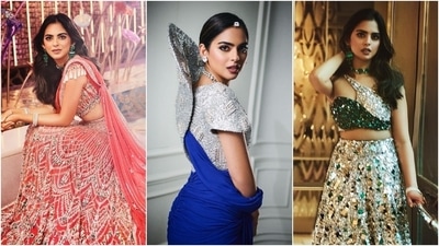 Isha Ambani changed into three glamorous ensembles to attend her youngest brother, Anant Ambani's wedding sangeet. Anant will soon tie the knot with Radhika Merchant in a grand ceremony on July 12. Pictures of Isha's stunning looks from the sangeet ceremony went viral online. She wore a Falguni Shane Peacock lehenga, a saree by Schiaparelli, and a bralette and lehenga set by Manish Malhotra. See the photos inside. (Instagram) Isha Ambani changed into three glamorous ensembles to attend her youngest brother, Anant Ambani's wedding sangeet. Anant will soon tie the knot with Radhika Merchant in a grand ceremony on July 12. Pictures of Isha's stunning looks from the sangeet ceremony went viral online. She wore a Falguni Shane Peacock lehenga, a saree by Schiaparelli, and a bralette and lehenga set by Manish Malhotra. See the photos inside. (Instagram)