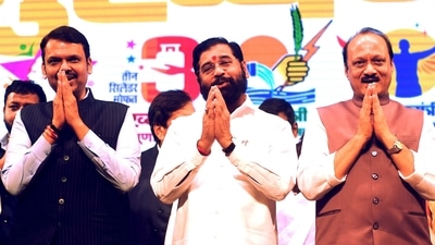 Maharashtra chief minister Eknath Shinde and deputy chief ministers Devendra Fadnavis and Ajit Pawar during Mahayuti workers meeting, in Mumbai. (PTI) Maharashtra chief minister Eknath Shinde and deputy chief ministers Devendra Fadnavis and Ajit Pawar during Mahayuti workers meeting, in Mumbai. (PTI)