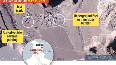 The base, built during 2021-22, has underground bunkers that can be used to store weapon systems, fuel or other supplies, according to images provided by BlackSky, a US-based firm. (HT) The base, built during 2021-22, has underground bunkers that can be used to store weapon systems, fuel or other supplies, according to images provided by BlackSky, a US-based firm. (HT)