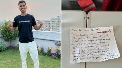 Food Pharmer Revant Himatsingka and the note he received from Air India pilots. (X/@foodpharmer2) Food Pharmer Revant Himatsingka and the note he received from Air India pilots. (X/@foodpharmer2)
