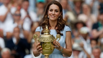 FILE - Britain's Kate, Duchess of Cambridge, holds the winner's trophy before presenting it at the Wimbledon Tennis Championships in London, Sunday, July 14, 2019. (Adrian Dennis/Pool Photo via AP, File) (AP) FILE - Britain's Kate, Duchess of Cambridge, holds the winner's trophy before presenting it at the Wimbledon Tennis Championships in London, Sunday, July 14, 2019. (Adrian Dennis/Pool Photo via AP, File) (AP)